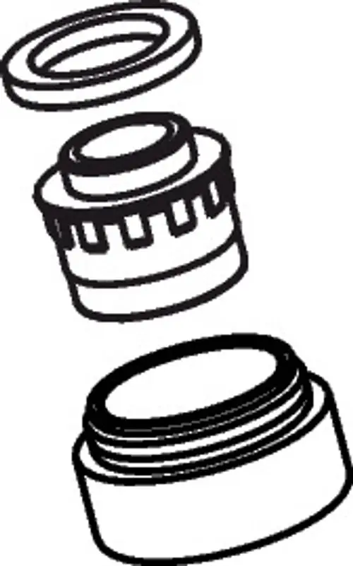 Axor Luftsprudler mit abnehmbaren Komponenten, bestehend aus einer oberen Abdeckung, einem mittleren Element und einem unteren Teil, in schlichter Form.